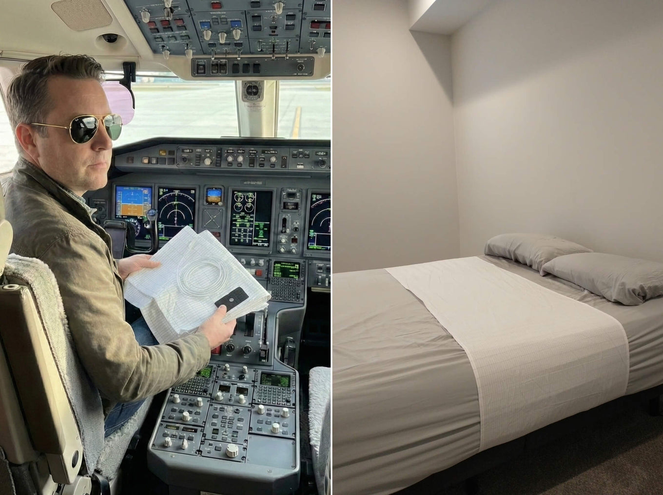 Hotel room with airport view or carry-on bag on hotel bed